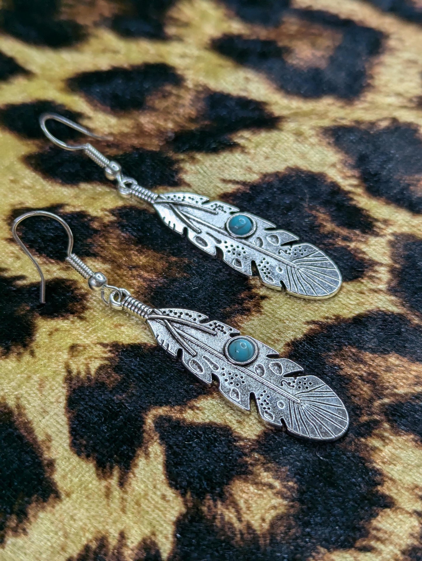 Detailed Feather Drop Earrings With Turquoise Stone