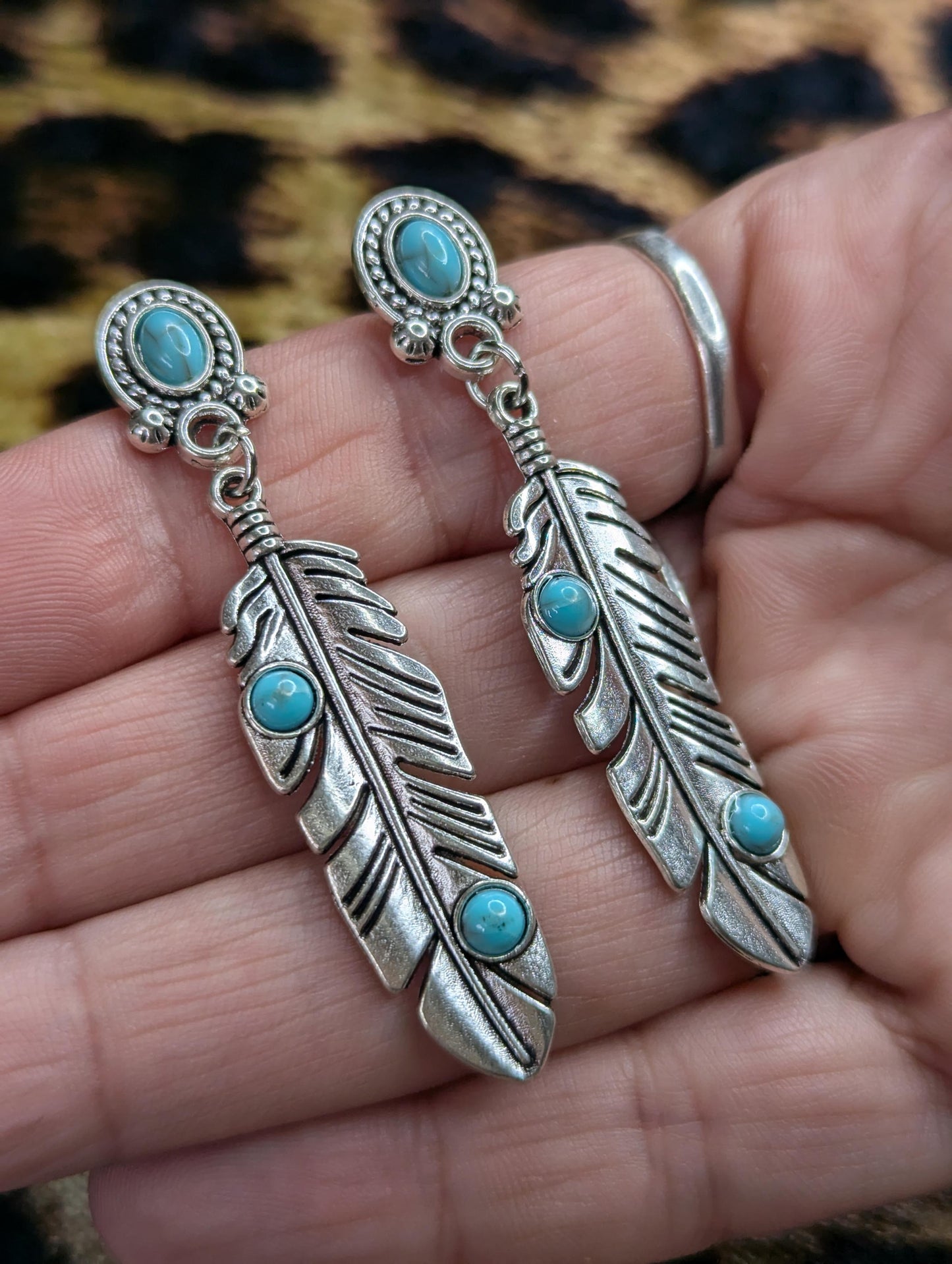 Silver Feather and Turquoise Drop Earrings