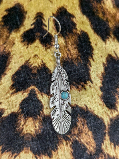 Detailed Feather Drop Earrings With Turquoise Stone