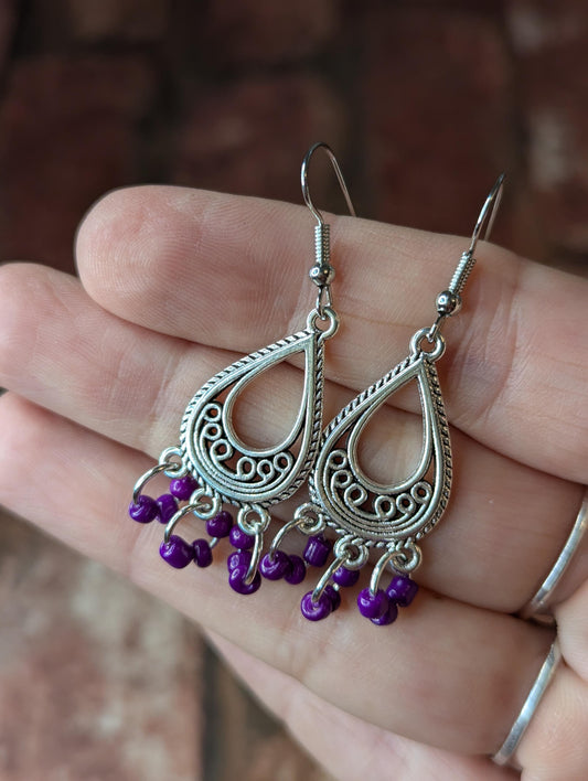 Purple Glass Bead Drop Earrings