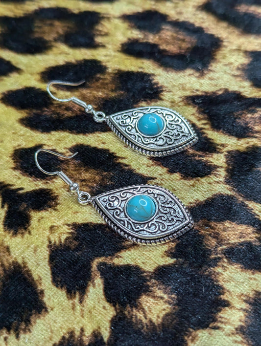 Turquoise And Silver Bohemian Drop Earrings