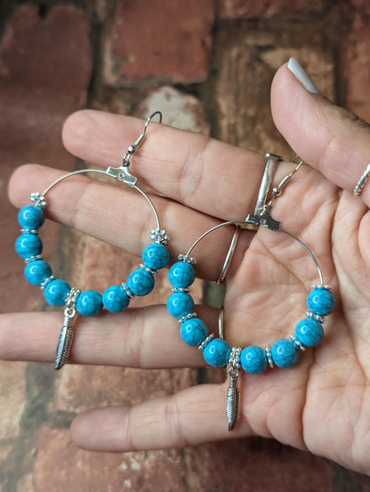 Blue Bead & Feather Earrings