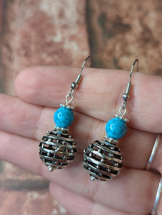 Blue Spiral Bead Drop Earrings