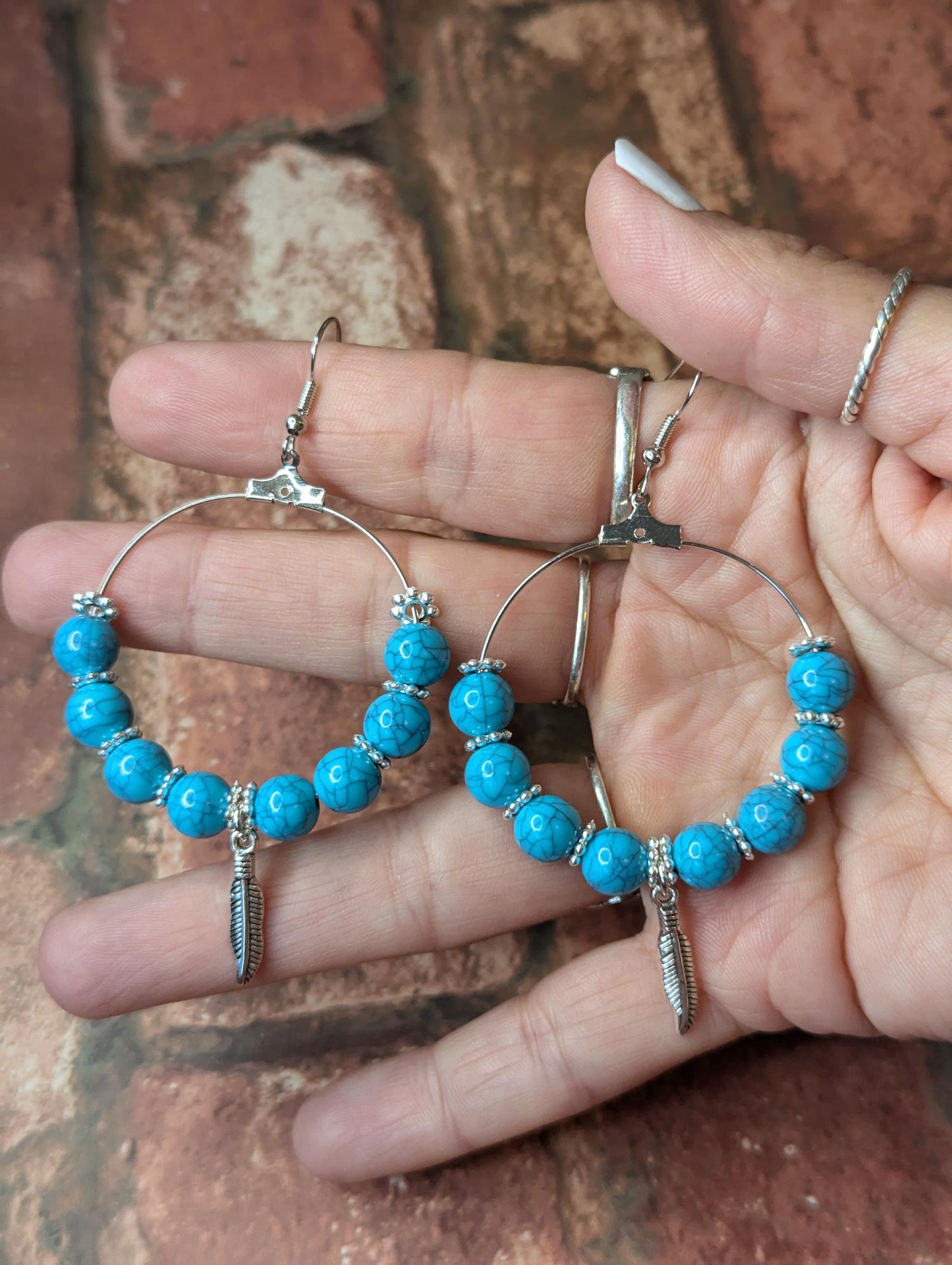 Blue Bead & Feather Earrings