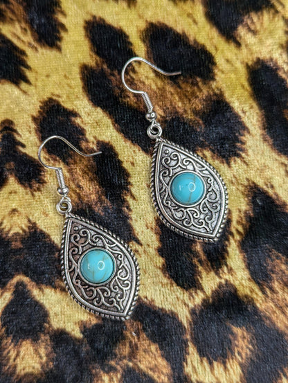 Turquoise And Silver Bohemian Drop Earrings