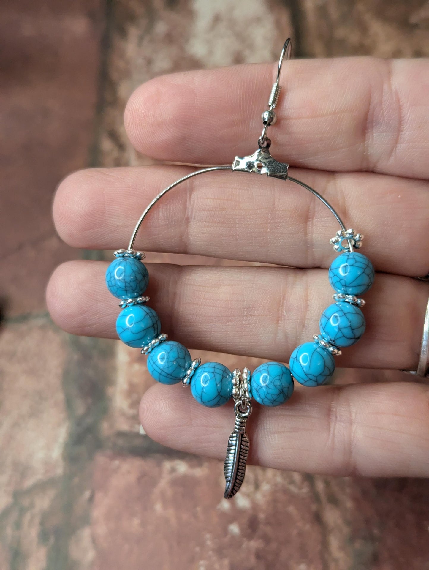 Blue Bead & Feather Earrings