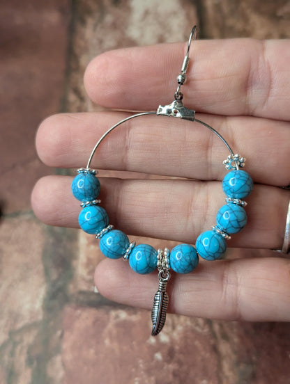 Blue Bead & Feather Earrings