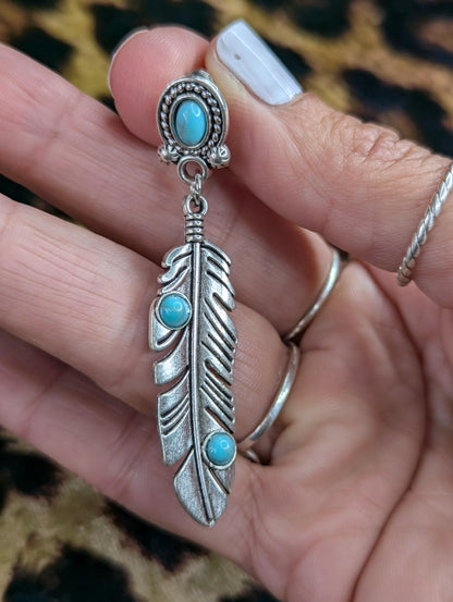 Silver Feather and Turquoise Drop Earrings