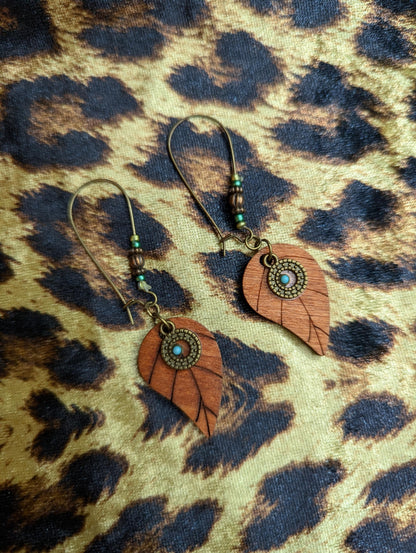 Vintage Wooden Leaf Drop Earrings