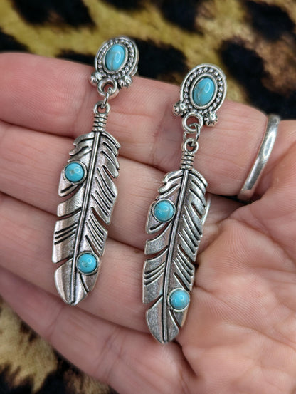 Silver Feather and Turquoise Drop Earrings