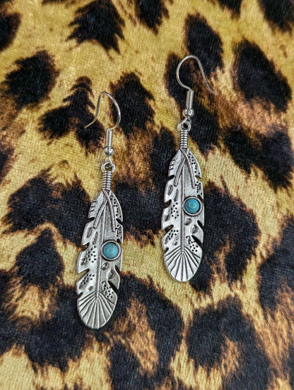 Detailed Feather Drop Earrings With Turquoise Stone